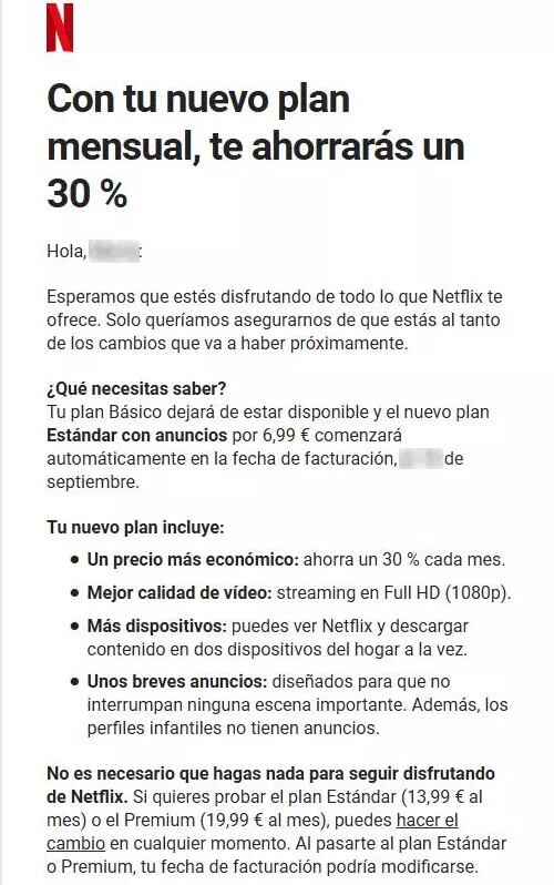 Este es un ejemplo del correo electrónico que está enviando Netflix para notificar la eliminación del Plan Básico en España (Foto: Netflix)
