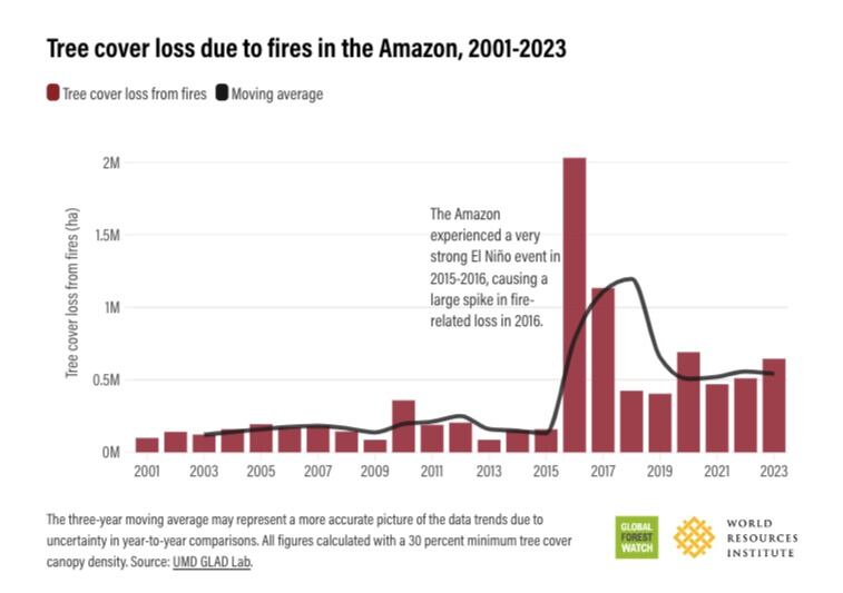 El cuadro muestra la cantidad de incendios forestales en la Amazonía entre el 2001 y 2023. Fuente: Global Forest Watch.