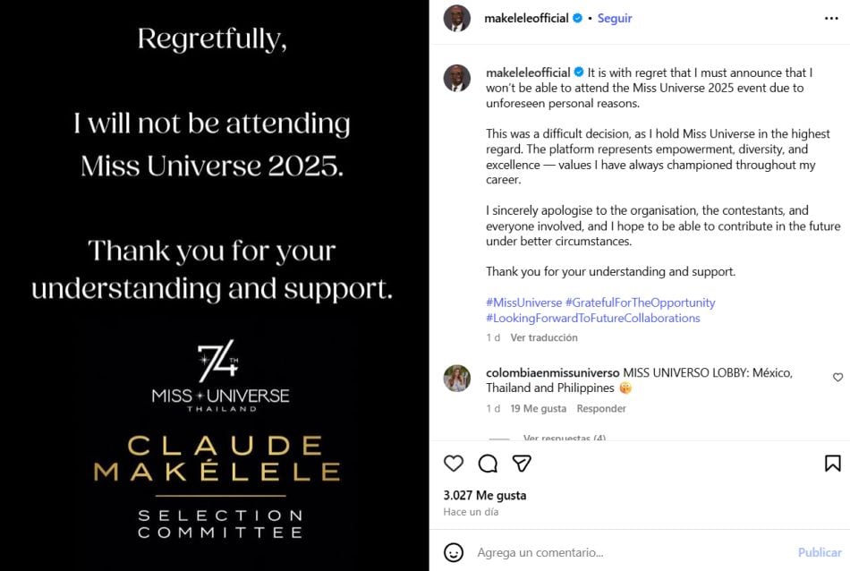 Claude Makélele renunció a ser jurado del Miss Universo 2025. (Foto: Captura de IG)