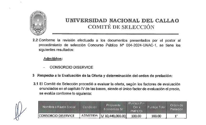 Evaluación económica de la propuesta presentada por la empresa concesionaria de alimentos, que obtuvo un contrato por S/10 millones durante dos años como único postor.