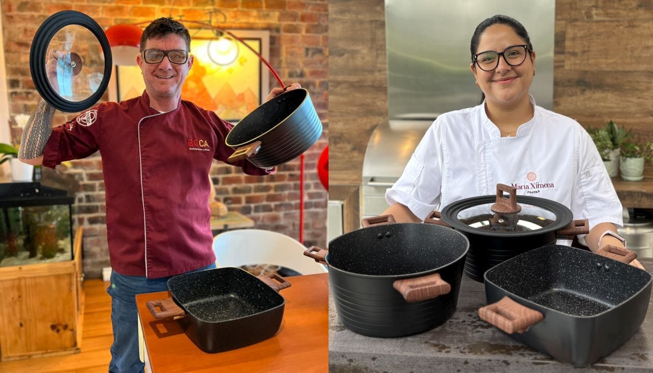 Roberto Boyle destaca la practicidad de las cacerolas piacenza de la colección. Ximena Piñashca afirma que ya usó todas las ollas para sus postres.