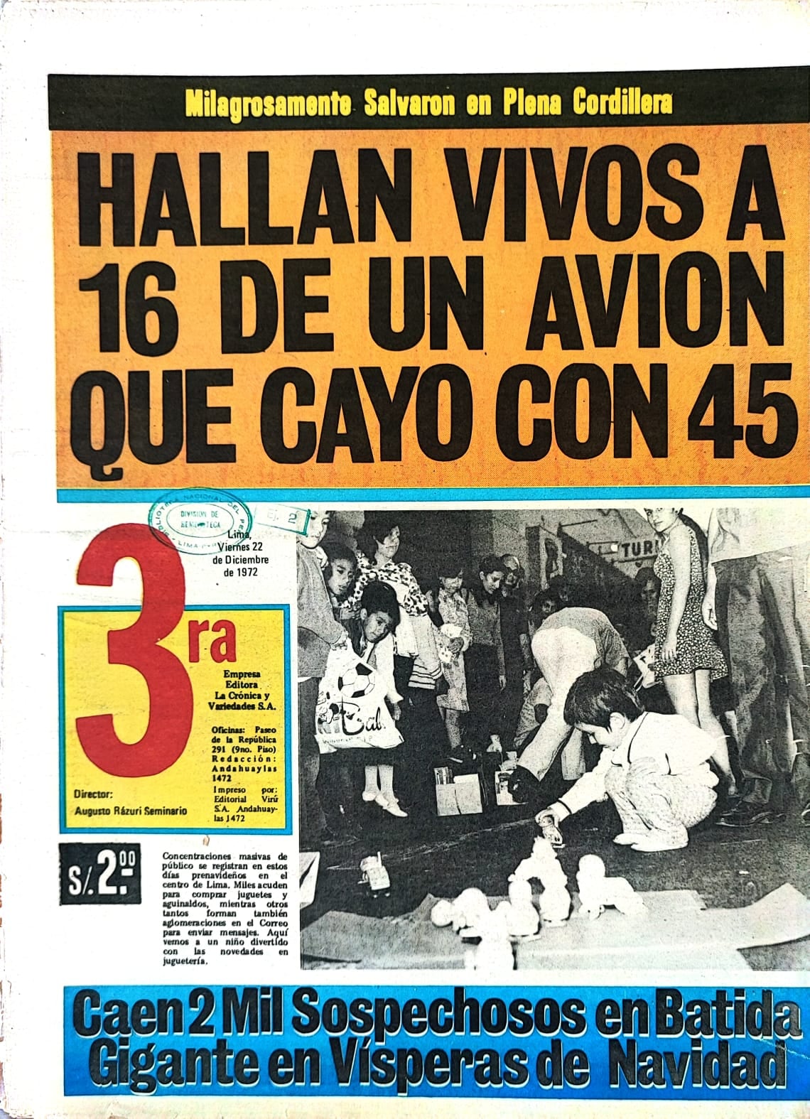 Portada de "La Crónica" del 23 de diciembre de 1972. Da cuenta del hallazgo de los primeros sobrevivientes