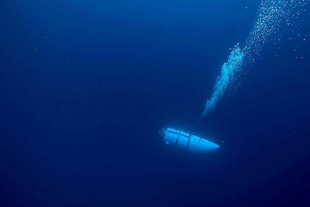 Imagen del Submarino Titán al momento de descender hacia el Titánic. (Foto de Handout / OceanGate Expeditions / AFP)