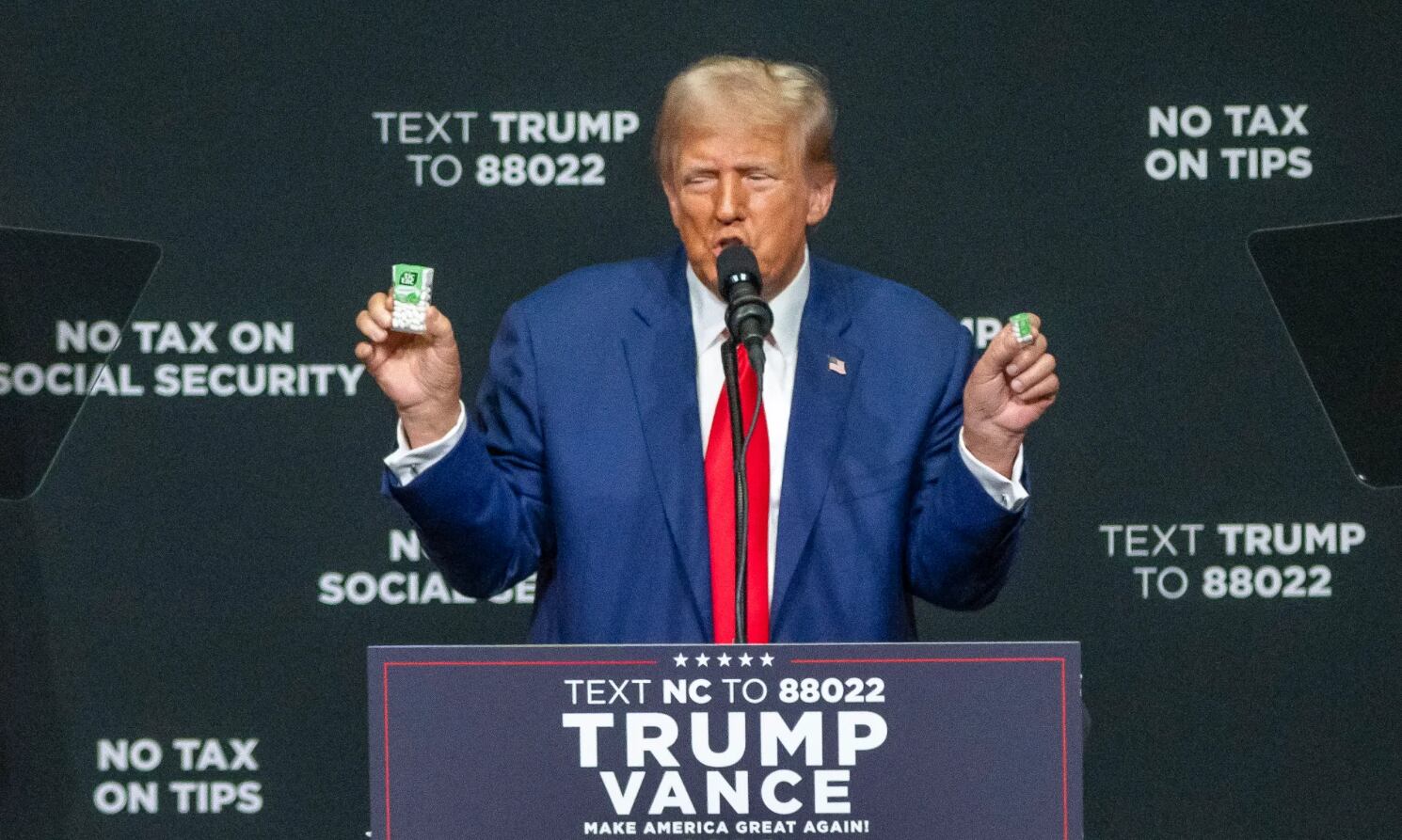 El candidato presidencial republicano Donald Trump aplaude en un acto de campaña en Carolina del Norte (EE.UU.). EFE/EPA/Sean Meyers