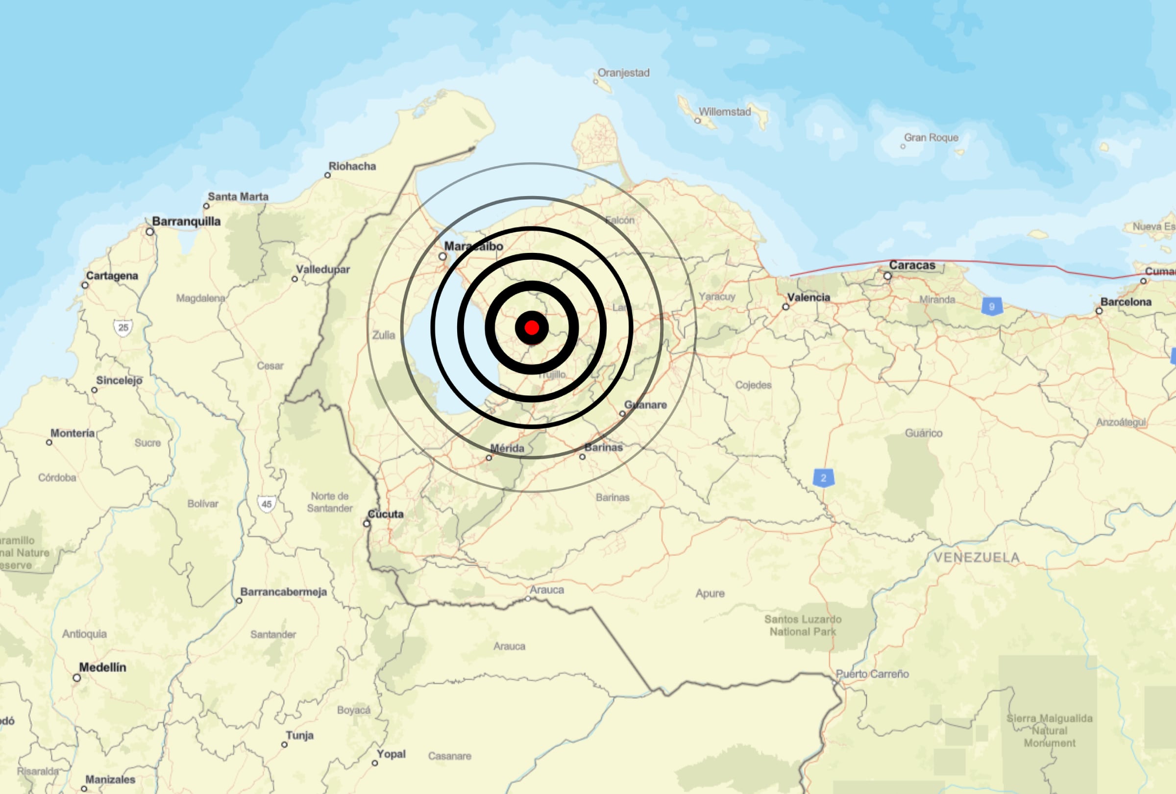 MENE GRANDE, ZULIA (VENEZUELA). Mapa del USGS del epicentro del sismo de magnitud 6.2 ocurrido este miércoles 24 de septiembre en Mene Grande, Zulia (Venezuela). Foto de Earthquake.usgs.gov