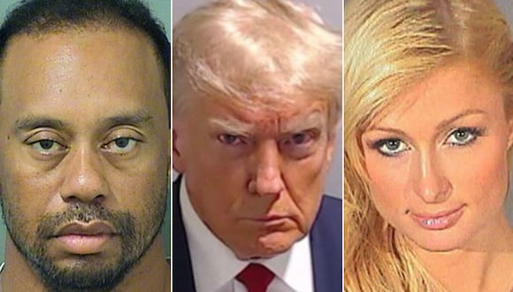 Fotos del arresto del golfista, Tiger Woods, el expresidente de Estados Unidos, Donald Trump, y la celebridad, Paris Hilton. (Fotos de Policía de California / Policía del condado de Fulton / Policía de Las Vegas)