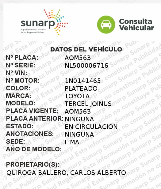 Propietario del Vehículo que estacionó Johny Quiroga Ballero en la canchita cerca a su vivienda.