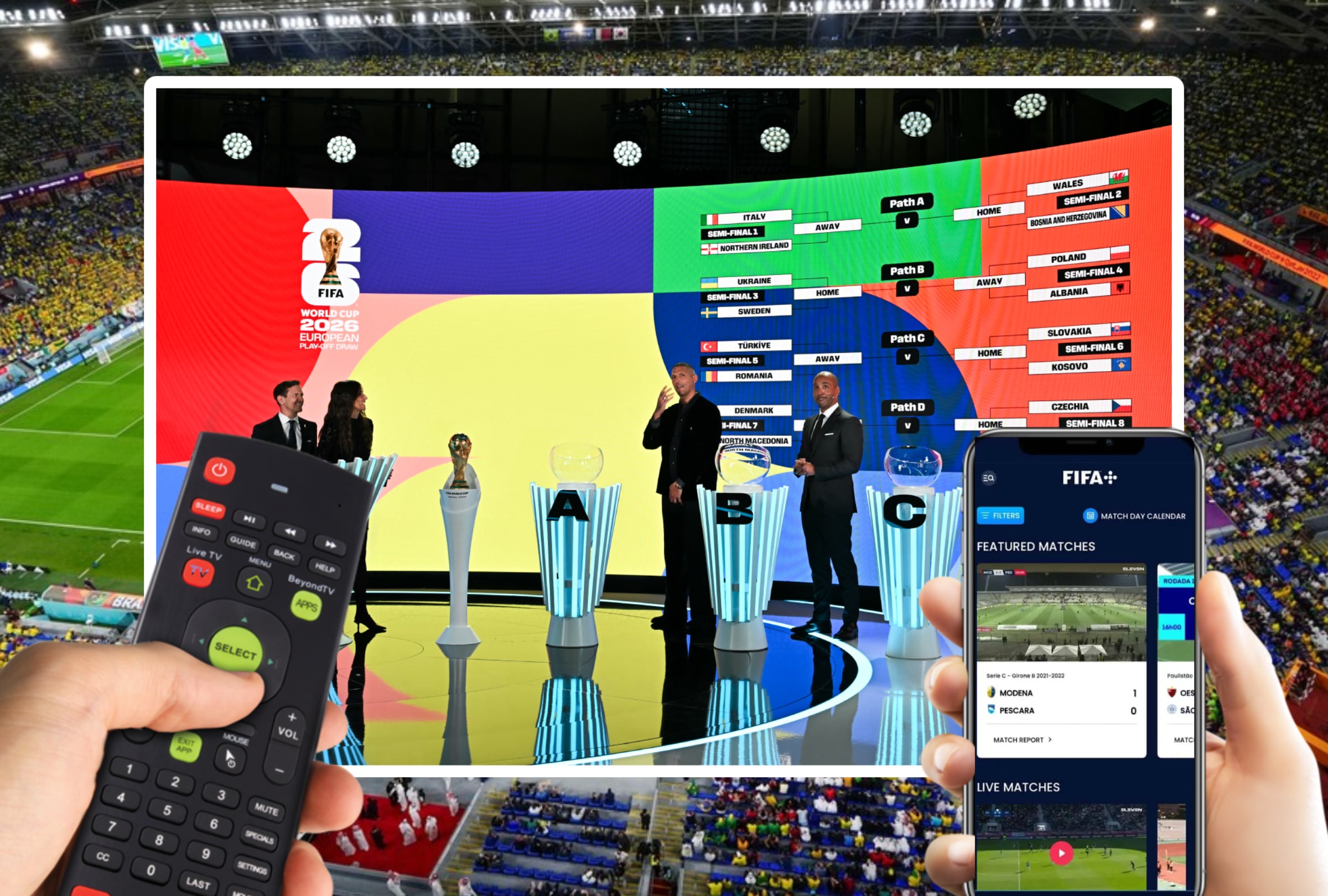 WASHINGTON DC (ESTADOS UNIDOS), 05/12/2025.- Lista de canales de televisión y servicios streaming para ver el sorteo de la Copa Mundial FIFA 2026 este viernes 5 de diciembre desde el John F. Kennedy Center de Washington DC, Estados Unidos. FOTO DE FABRICE COFFRINI (AFP) CON COMPOSICIÓN DE NOÉ YACTAYO PARA MAG DE EL COMERCIO