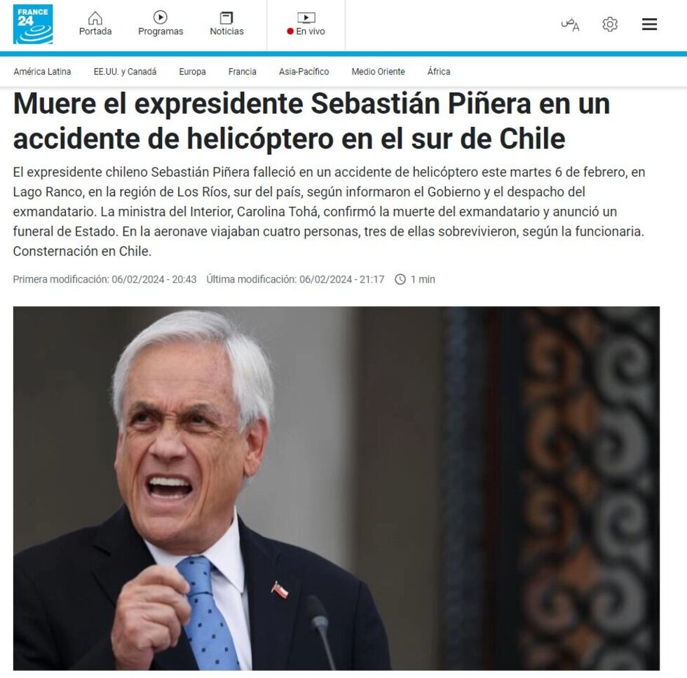 "El expresidente chileno Sebastián Piñera, quien gobernó el país en los periodos 2010-2014 y 2018-2022, falleció este martes 6 de febrero cuando el helicóptero que pilotaba se precipitó a las aguas del Lago Ranco, en la región de Los Ríos, sur de Chile", publicó el medio francés France 24. (Foto: Captura de pantalla)