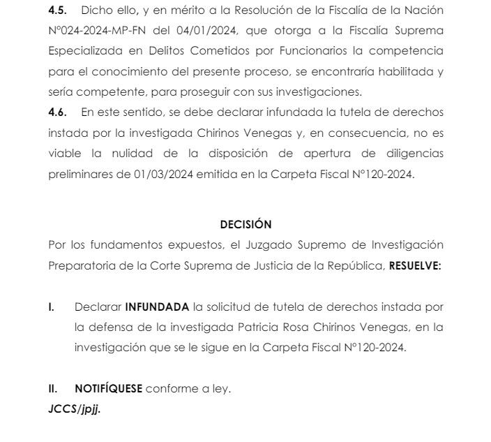 Resolución del Poder Judicial sobre tutela de derechos de la congresista Patricia Chirinos.