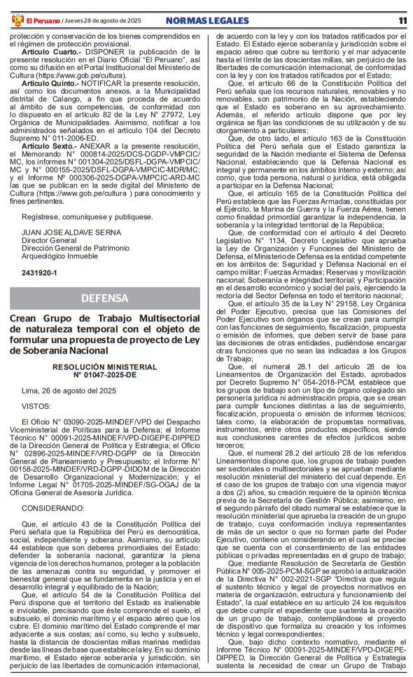 Grupo de trabajo liderado por el Ministerio de Defensa para crear ley de soberanía nacional.