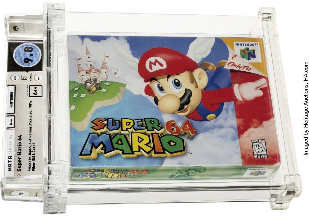 Este cartucho de Super Mario 64 batió un récord mundial al venderse en una subasta por 1,56 millones de dólares. (Foto: AFP)