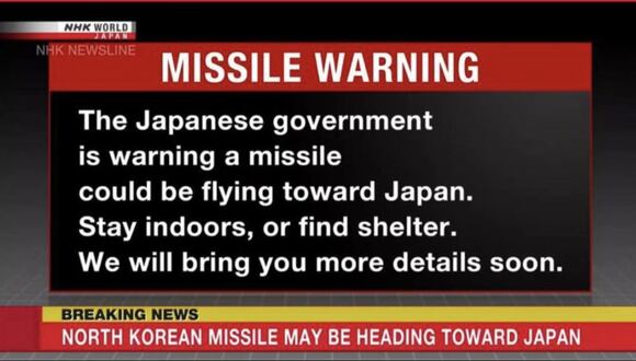El sistema de alerta temprana J-Alert de Japón detectó indicios de un lanzamiento de misil y rápidamente emitió una orden de evacuación para los residentes de la prefectura de Okinawa. (Foto: Captura de pantalla de NHK Mundo)