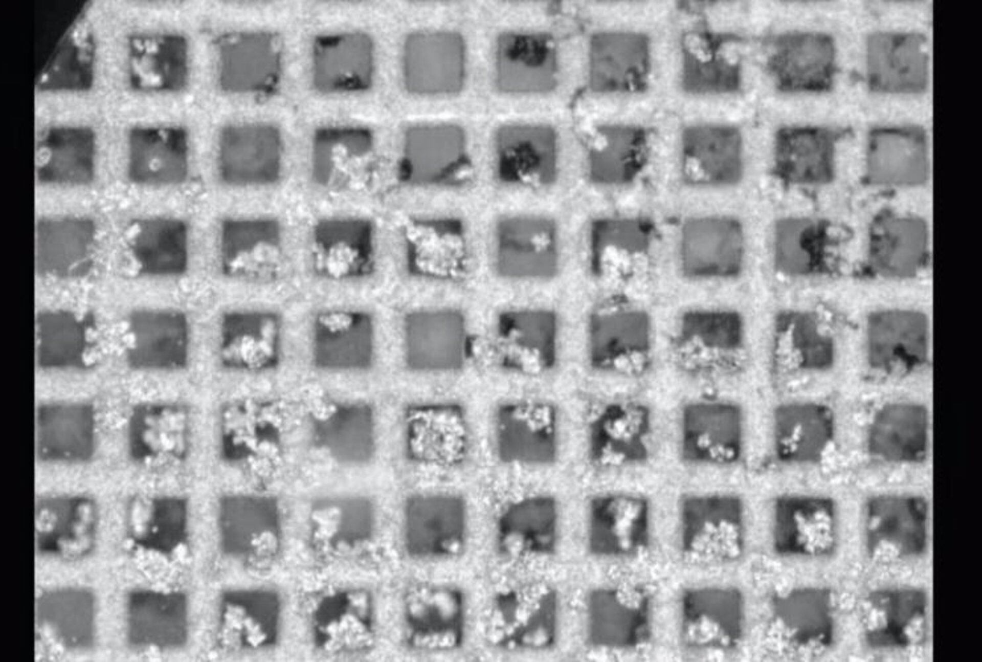 Imagen ampliada de una malla de cobre de una batería de metal de litio en estado descargado. Pequeños trozos de litio muerto de diversos tamaños y formas se depositan en aberturas cuadradas de la malla. (Foto: Europapress)