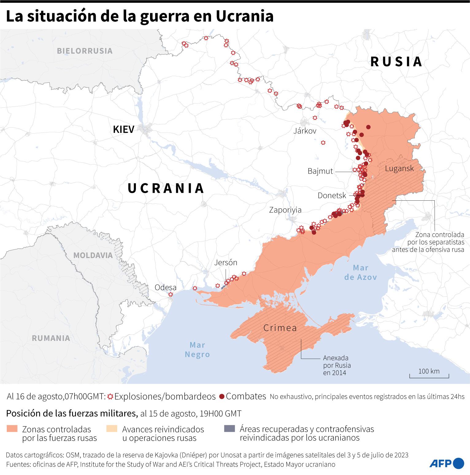 La situación en Ucrania al 16 de agosto del 2023. (AFP).