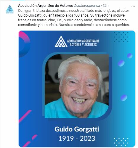El fallecimiento del actor fue notificado por la Asociación Argentina de actores y actrices (Foto: Asociación Argentina / Twitter)