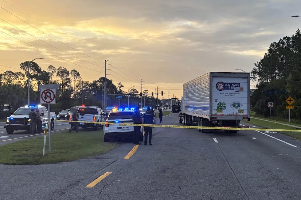 Fotografía cedida por la Oficina del Sheriff del Condado de St. Johns que muestra el camión que atropelló a un migrante cuando intentaba cruzar la carretera tras huir del ICE. (EFE/Sheriff del Condado de St. Johns).