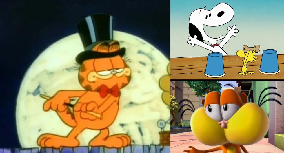 En sentido horario, capturas de "Garfield y sus amigos" (1988), "The Snoopy Show" (2021) de Apple TV+ y "Gaturro, la película" (2010).