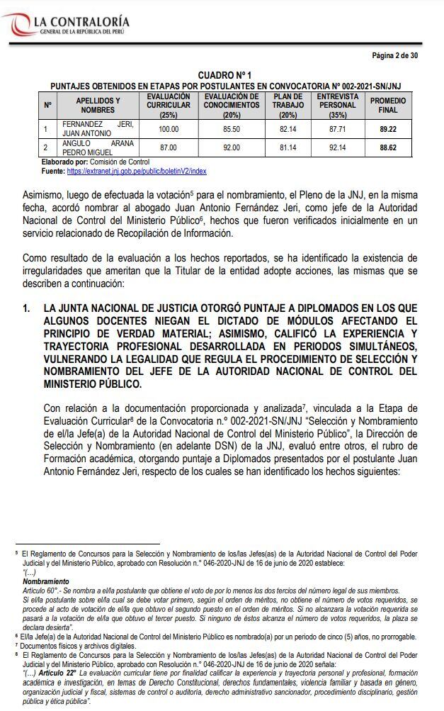 OCI advierte irregularidades en elección de Juan Fernández Jeri como autoridad de control del Ministerio Público.