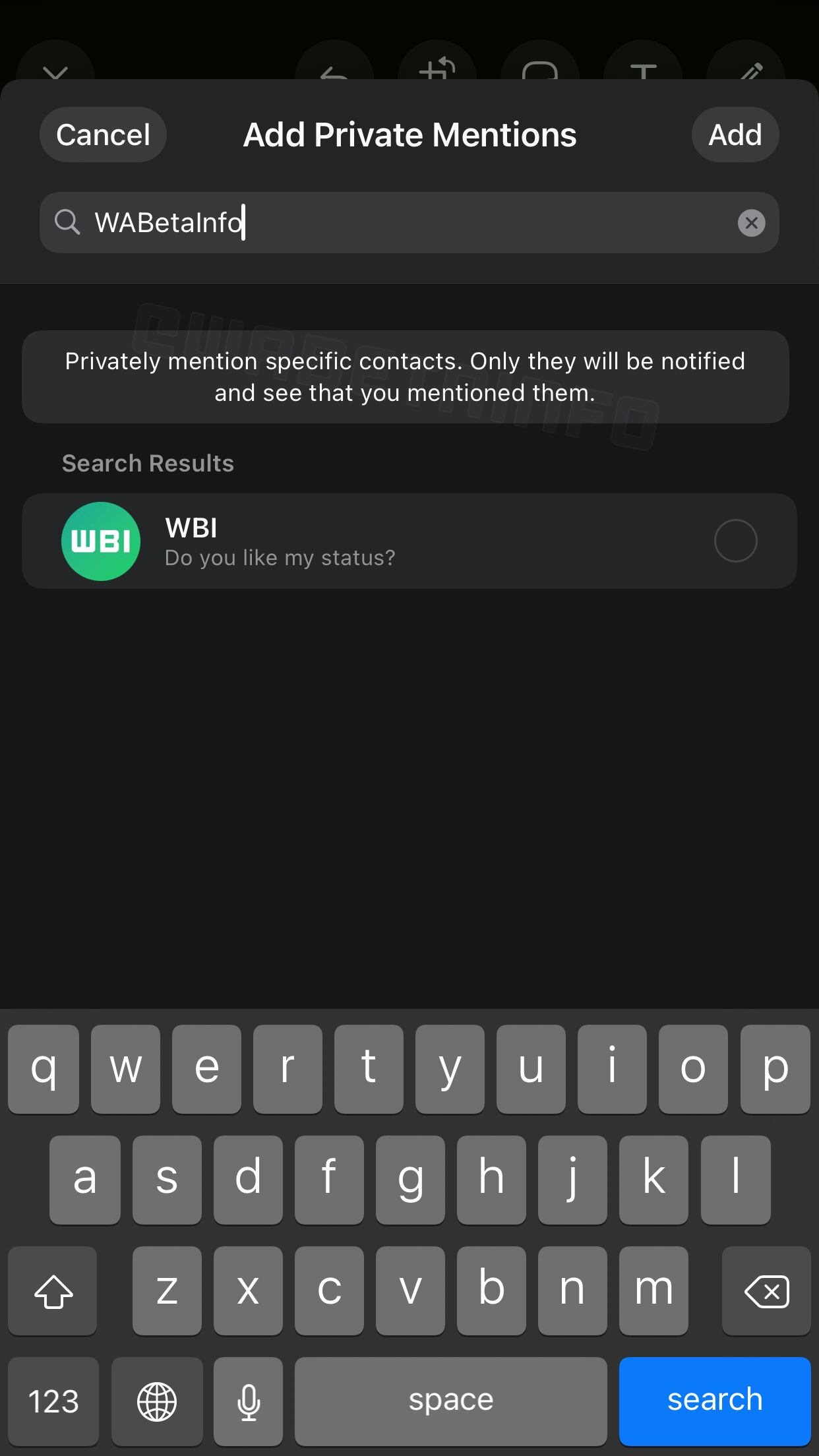 Vista previa de la función "Agregar menciones privadas". (Foto: WabetaInfo)