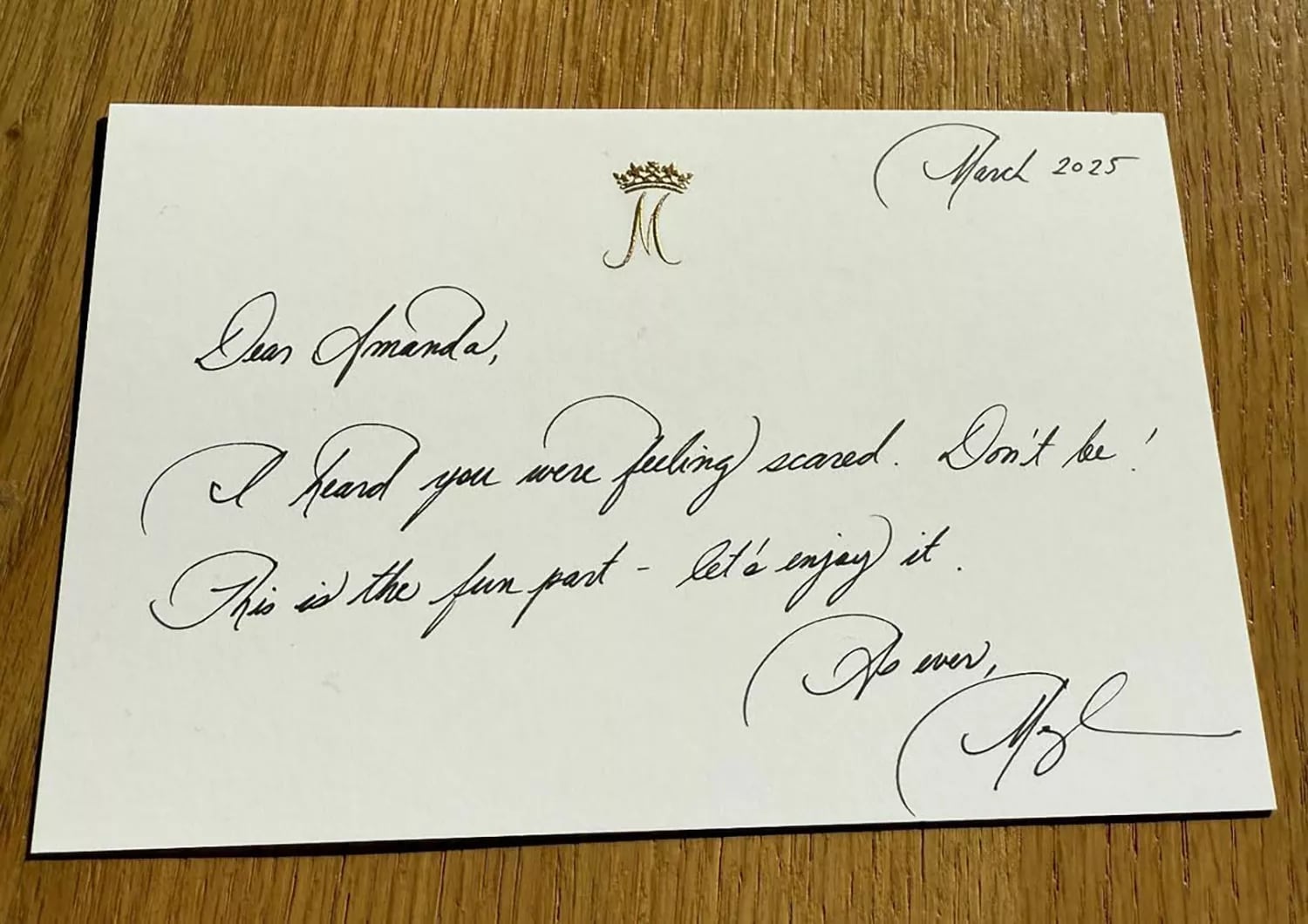 Nota de Meghan Markle a la podcaster Amanda Hirsch. | Crédito: Amanda Hirsh / Instagram