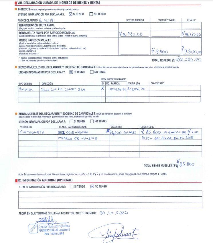 Declaración jurada que Boluarte firmó a fines del 2020 para las elecciones generales del 2021.