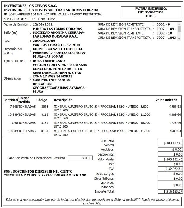 Factura de empresa Inversiones Los Ceivos