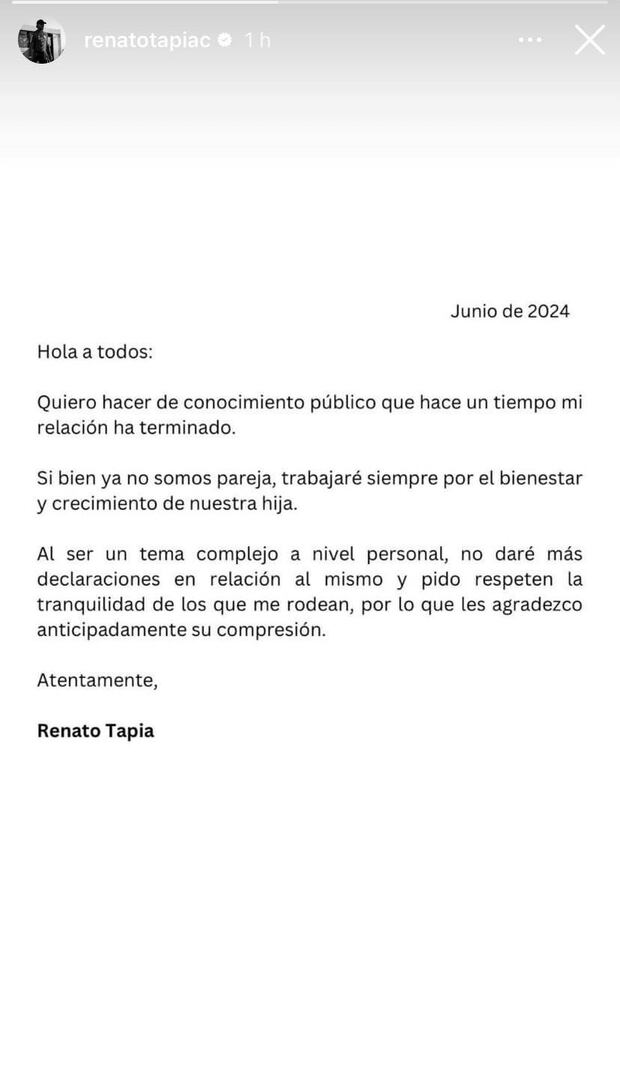 Renato Tapia anuncia el fin de su matrimonio con Andrea Cordero: “no daré más declaraciones” | Foto: captura Instagram