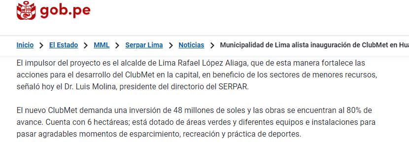 El 2 de mayo de 2024, Serpar informó que "Municipalidad de Lima alista inauguración de ClubMet en Huaycán para los vecinos de Lima Este".
