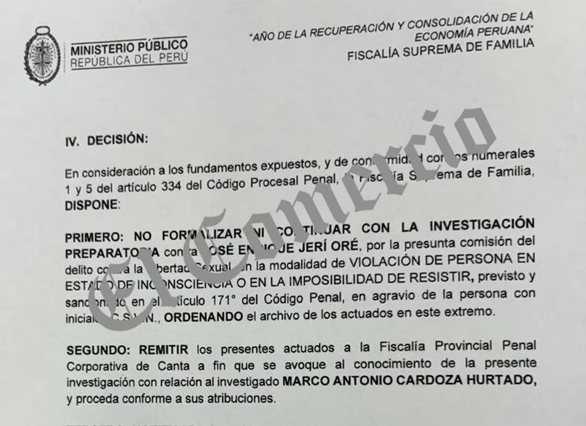 Disposición fiscal que archivó la investigación a José Jerí