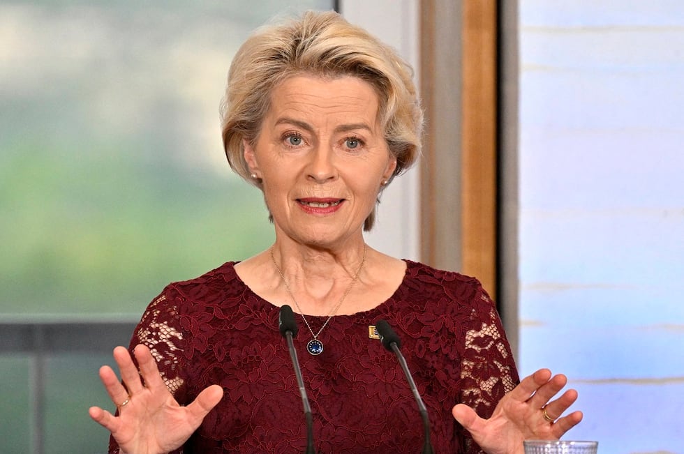 La presidenta de la Comisión Europea, Ursula von der Leyen, da una conferencia en el museo Galería de las Colecciones Reales de Madrid, el 3 de julio de 2023. (Foto de JAVIER SORIANO / AFP)
