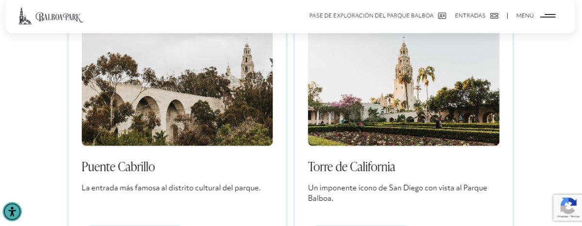 A la izquierda: Puente Cabrillo y a la derecha: Torre de California, ambos en Balboa Park (Foto: Sitio web de Balboa Park)