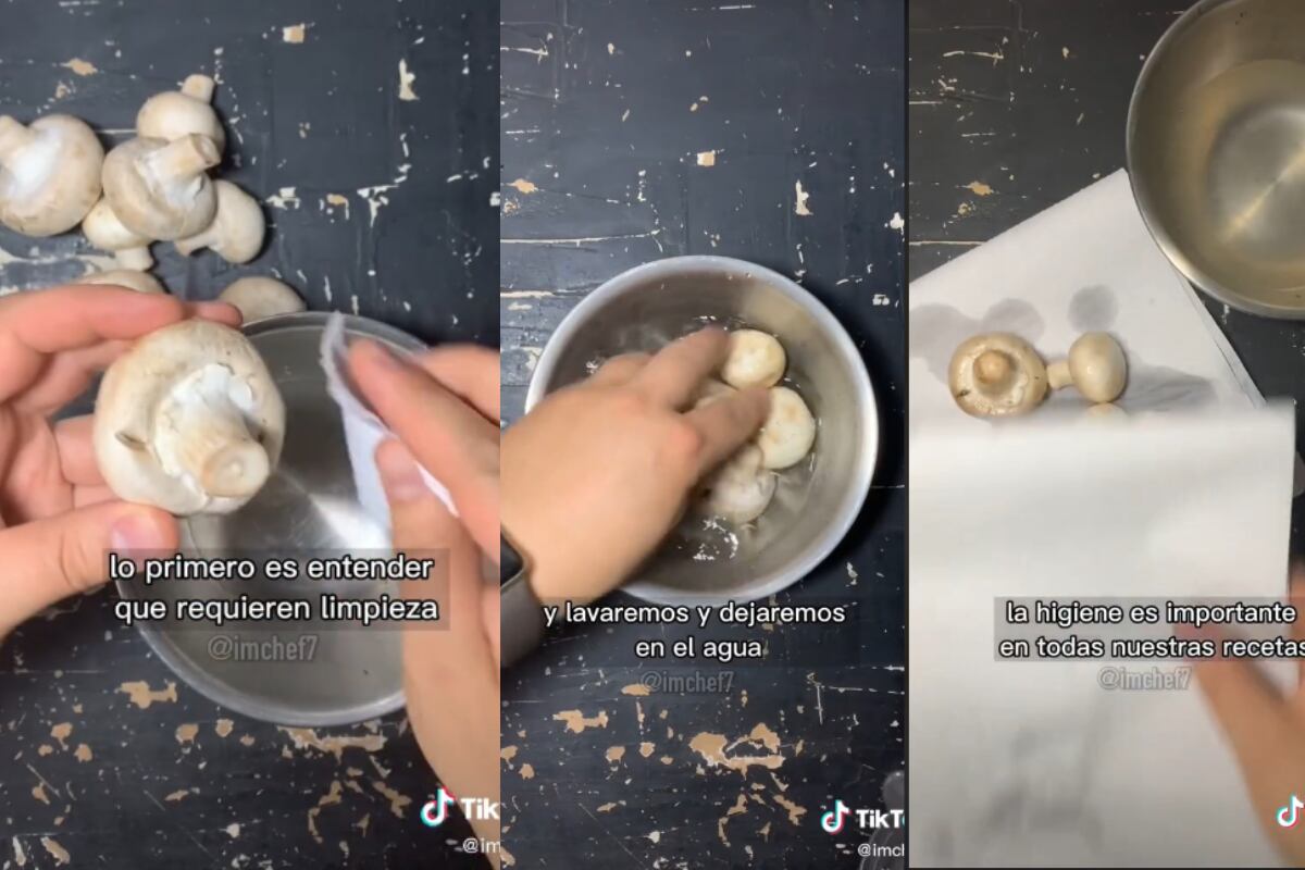 Antes de preparar champiñones debes limpiarlos, lavarlos con agua y secarlos con papel absorbente. (Foto: TikTok/imchef7).