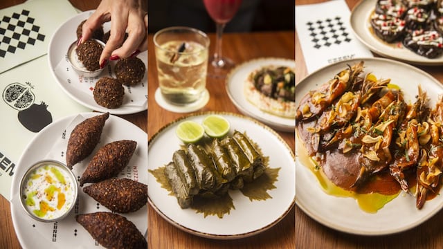Izquierda: atrás, falafel, croquetas a base de garbanzos con hierbas frescas y especias. Adelante, kibbeh, croquetas de trigo burgol rellenas de carne de res y frutos secos. Al centro: Warak Enab (más conocidas como hojas de parra) rellenas de carne de res, arroz y mix especial de especias. un clásico del medio oriente. Derecha: Gambas a la parrilla bañadas en mantequilla de la casa de pimientos morrones y especias, con un toque final de chips de ajo. Al fondo, berenjenas agridulces. (Fotos: Heroína Estudio)