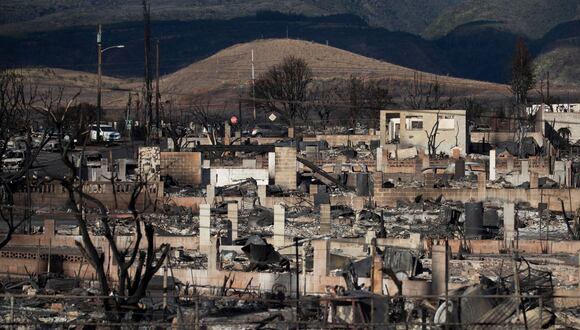 Árboles quemados y ruinas de casas es lo que queda tras el incendio de Lahaina que arrasó la ciudad, en Lahaina, Hawái, EE.UU.. EFE/EPA/ETIENNE LAURENT