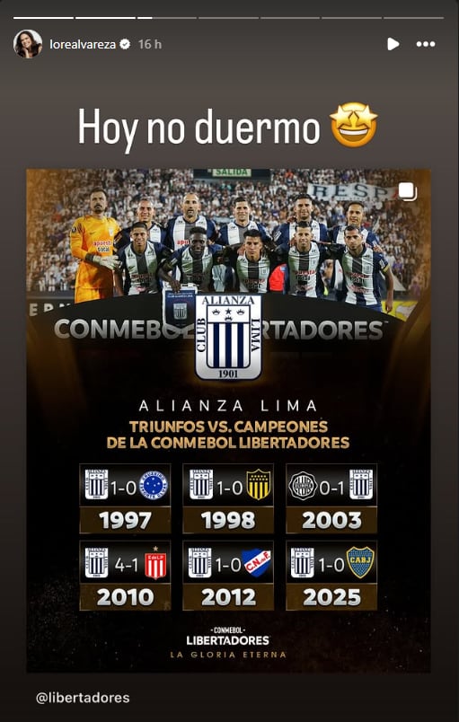 Historia en la que Lorena Álvarez comparte su alegría por la victoria de Alianza Lima. | @lorealvareza