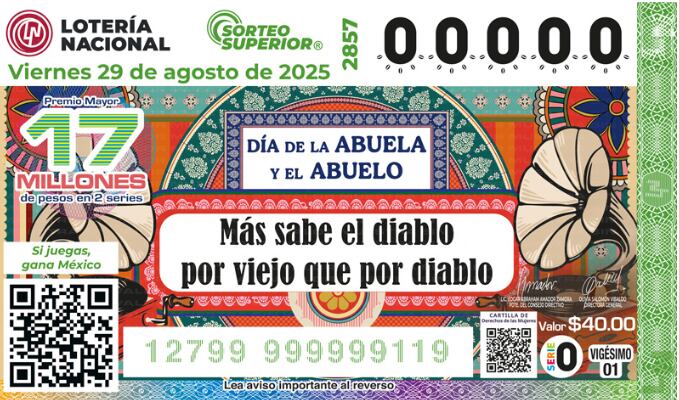 Billete del Sorteo Superior 2857 de la Lotería Nacional, correspondiente al sorteo del viernes 29 de agosto de 2025 en México. (Captura: Lotería Nacional)
