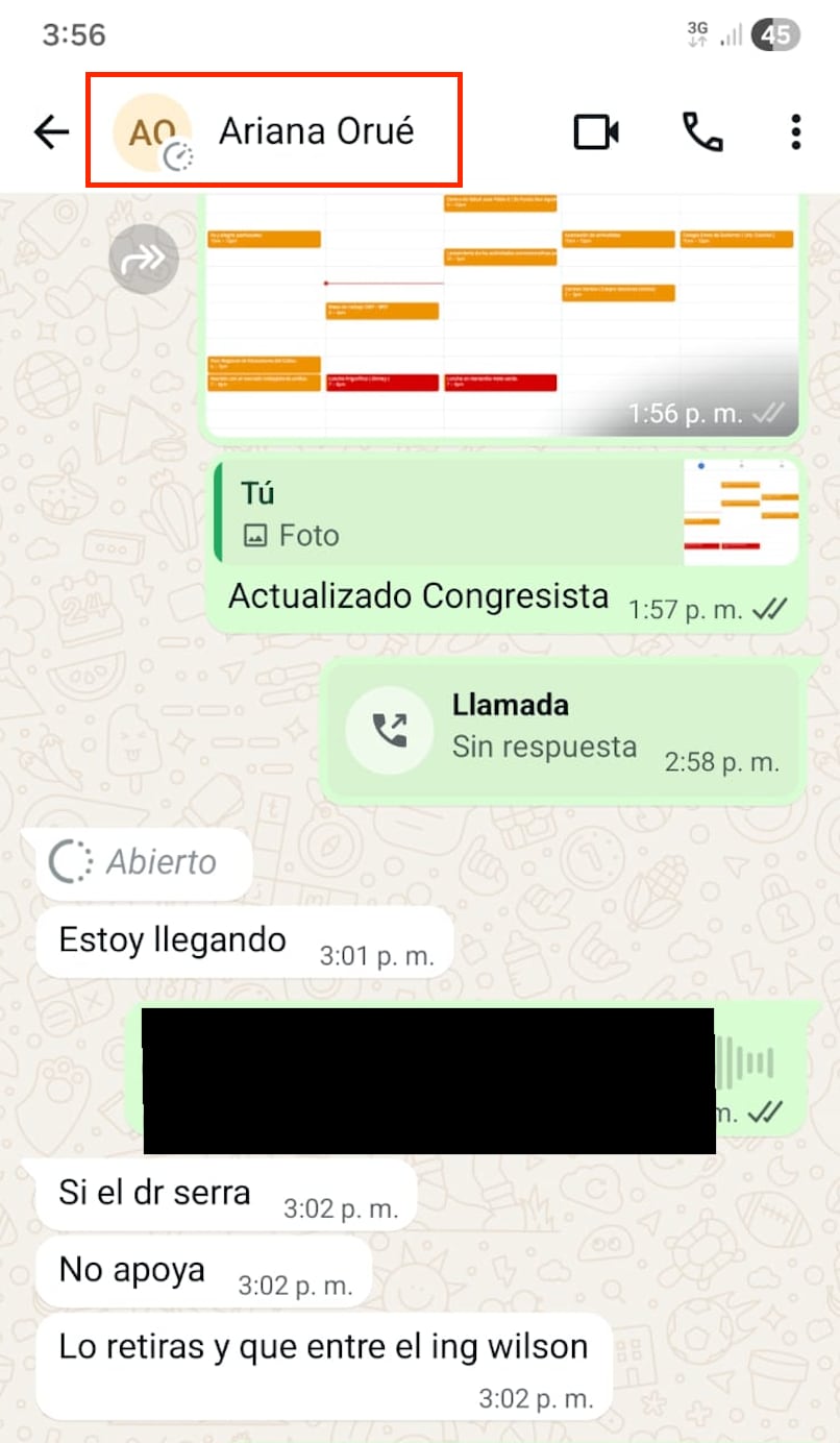 Ariana Orué pidiendo colaboración de su asesor César Serra e indicando que