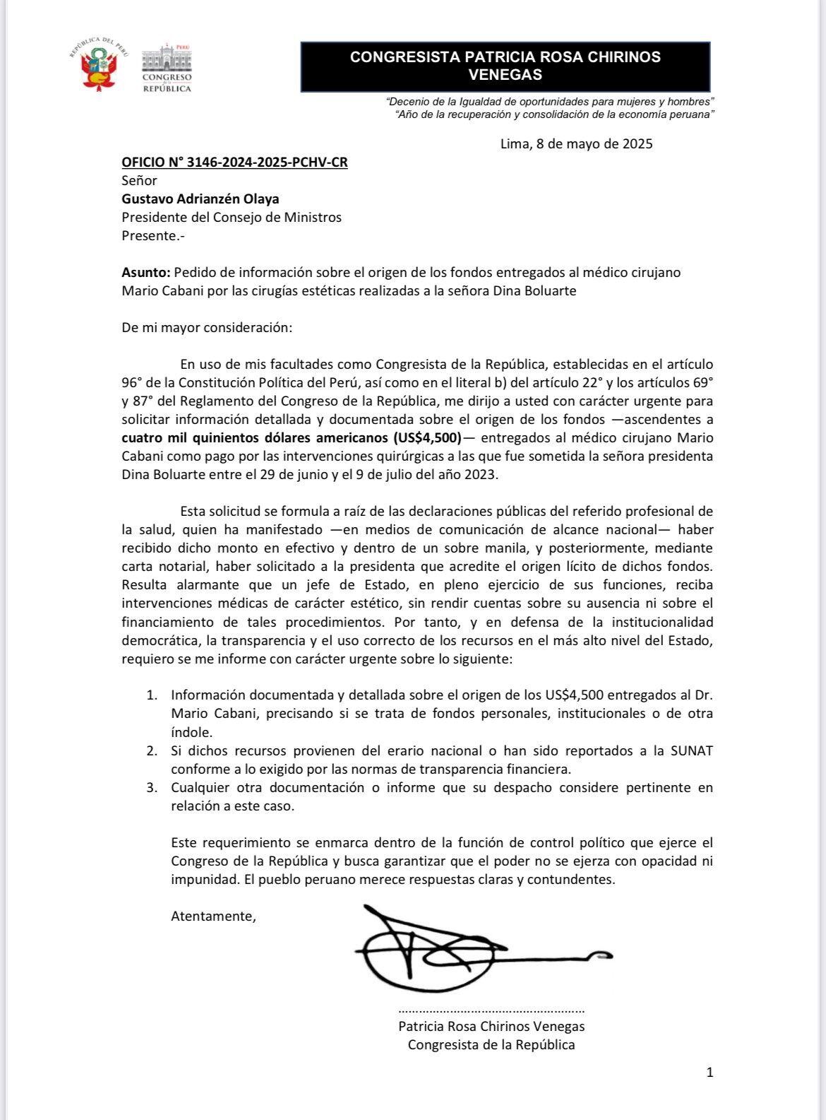 Patricia Chirinos pide a Gustavo Adrianzén información del origen del pago a Mario Cabani.