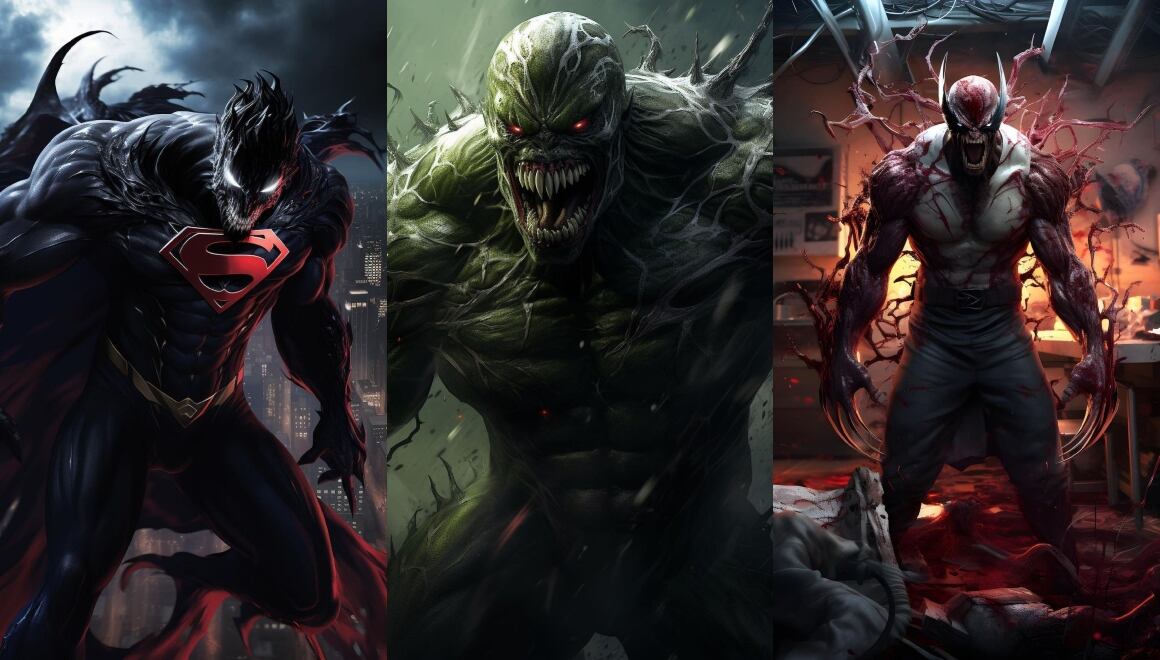 Superman, Hulk y Wolverine como si fuesen poseídos por Venom, según la inteligencia artificial Midjourney.