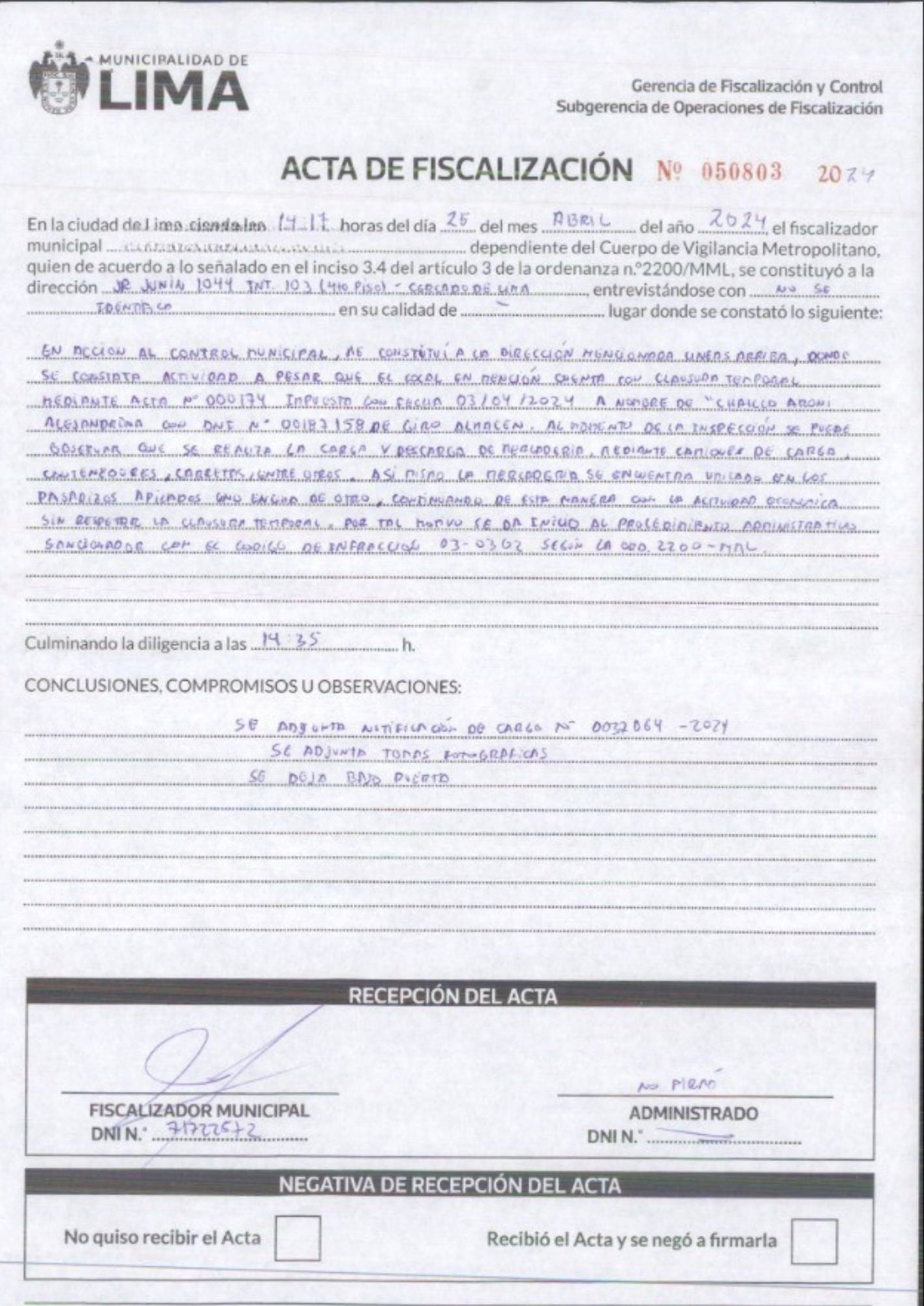 Detalle del acta de fiscalización del 25 de abril