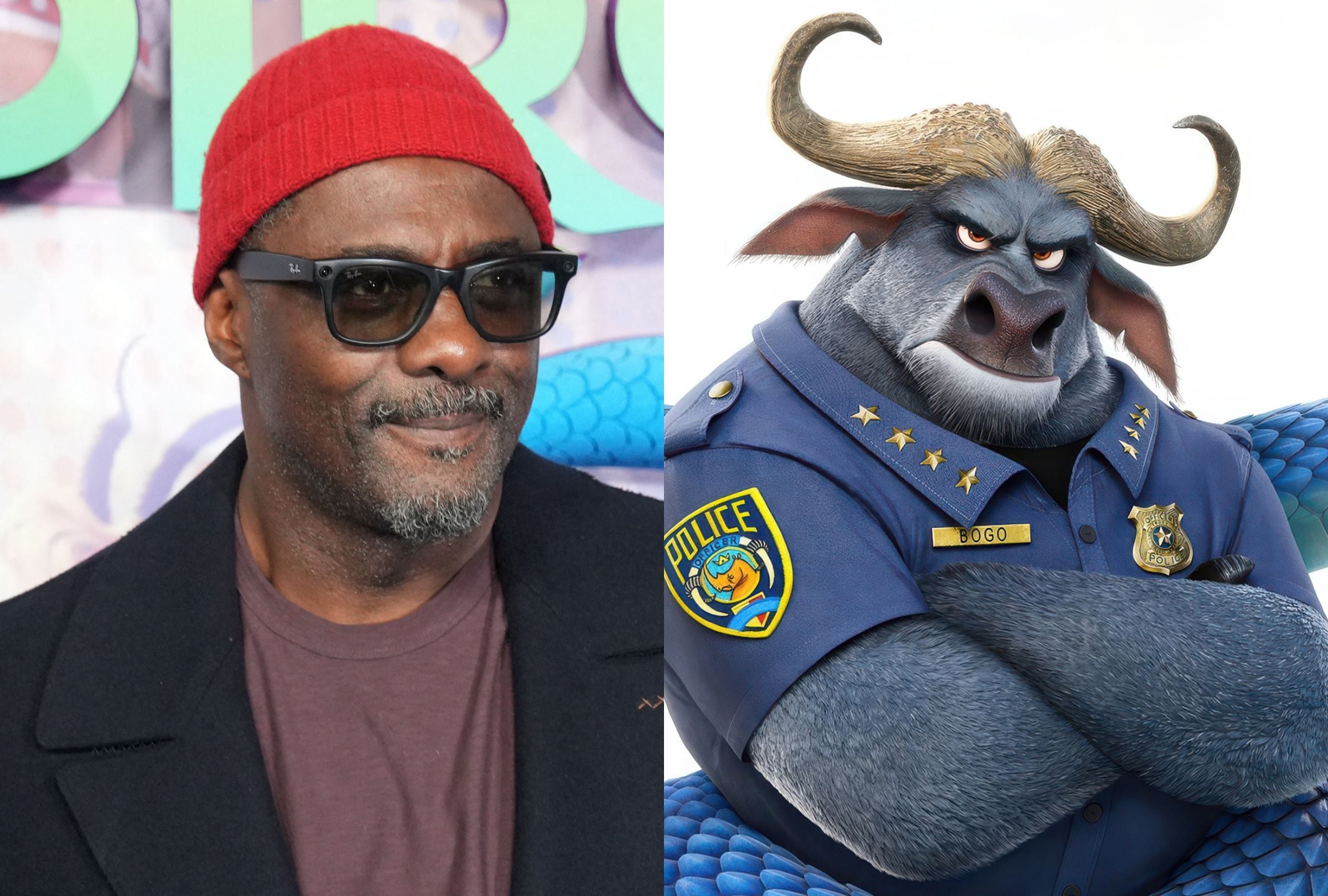 Idris Elba le da la voz en inglés al Jefe Bogo a lo largo de la película animada "Zootopia 2" (Fotos: Carlos Jasso / AFP & Walt Disney Animation Studios)