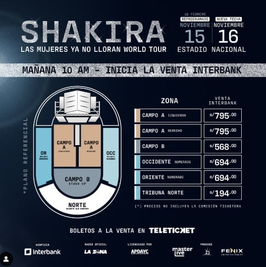 Precios de entradas para el concierto de Shakira en Lima en noviembre 2025 | Foto: Captura Teleticket