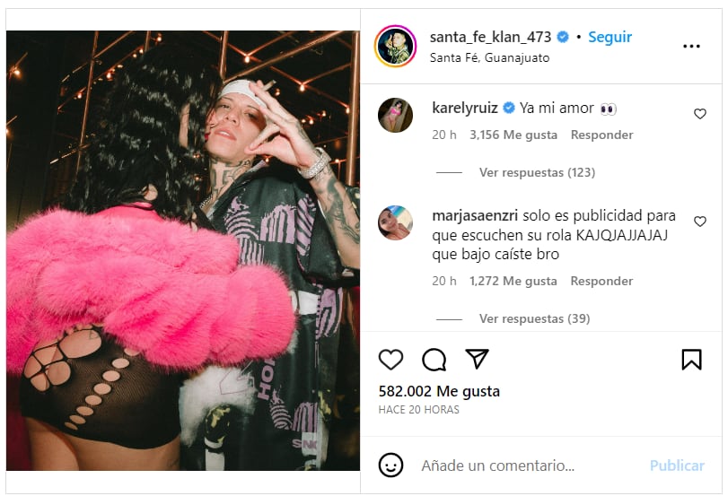 Karely Ruiz y el artista urbano han compartido sensual contenido en redes sociales (Foto: Santa Fe Klan / Instagram)
