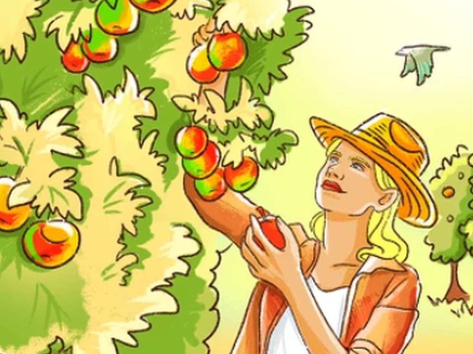 RETO VISUAL | En esta imagen se aprecia a una mujer recolectando fruta. En esa escena hay varias cosas que no cuadran. (Foto: genial.guru)