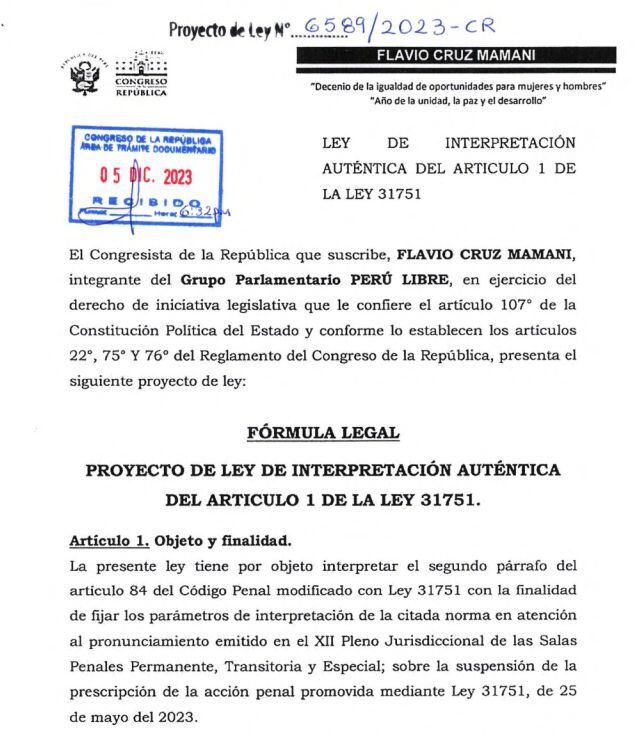 Proyeto de ley de "interpretación auténtica" presentado por Perú Libre