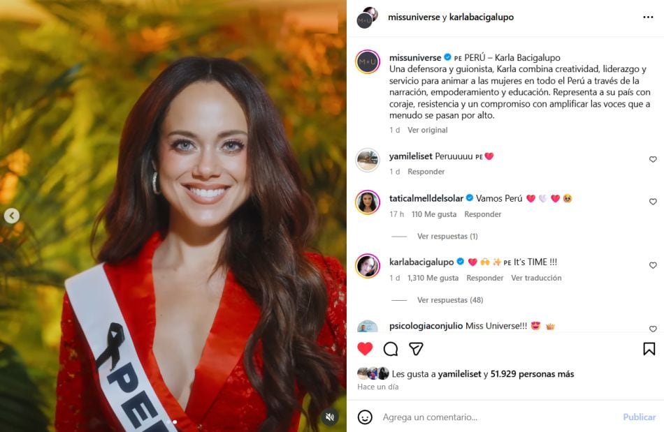 “Representa a su país con coraje”, así definió el Miss Universo a la peruana Karla Bacigalupo. (Foto: Instagram)