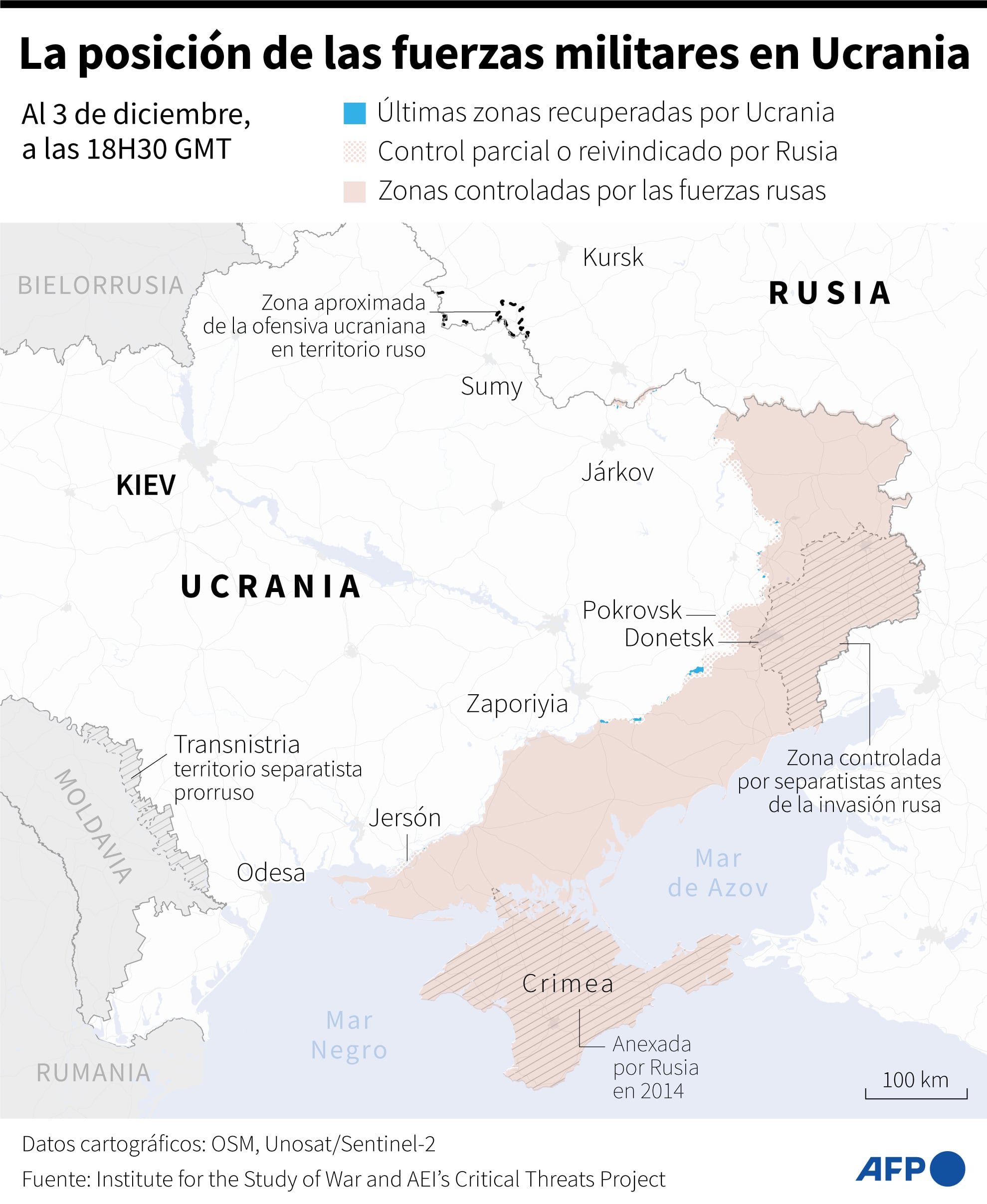La guerra en Ucrania al 3 de diciembre del 2024. (AFP).