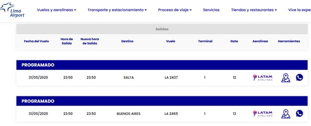 Detalle de los últimos vuelos que despegarán del antiguo Jorge Chávez. Foto: captura/LAP