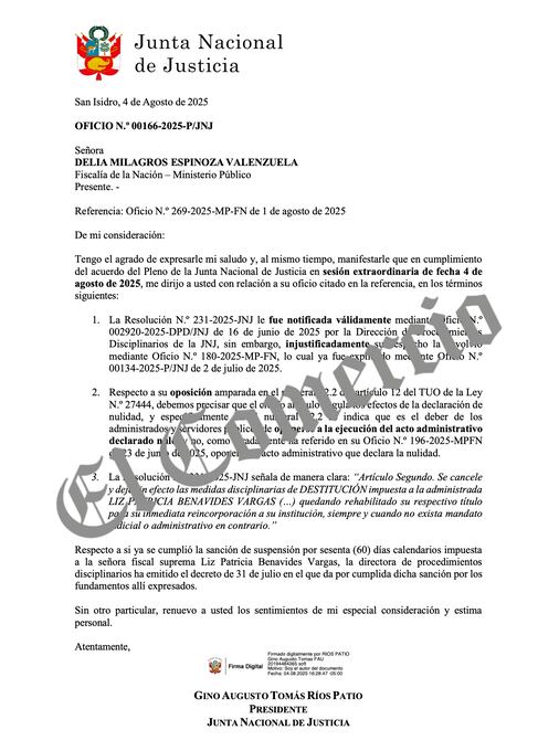 Respuesta de la JNJ sobre el caso de Patricia Benavides